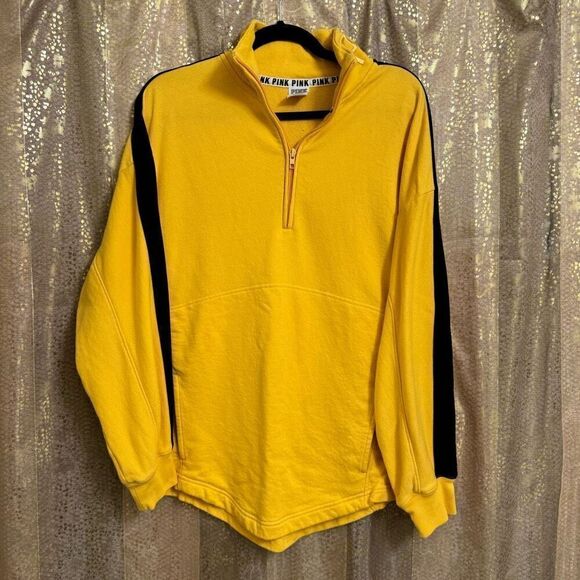 PINK Victoria’s Secret Yellow Black Striped Half Zip Sweatshirt Medium - Picture 1 of 7